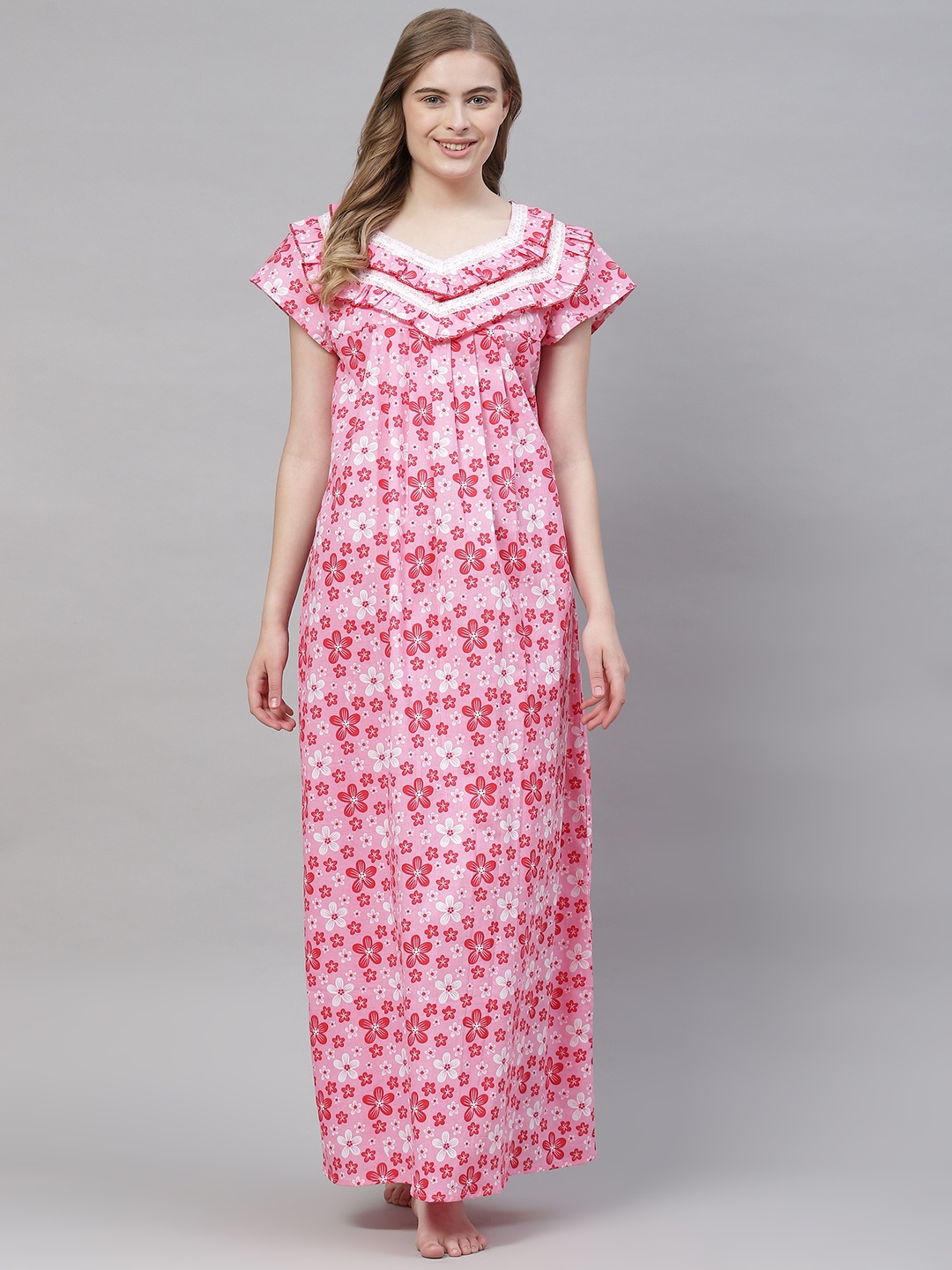 

Vemante Women Pink Pure Cotton Floral Printed Maxi Nightdress