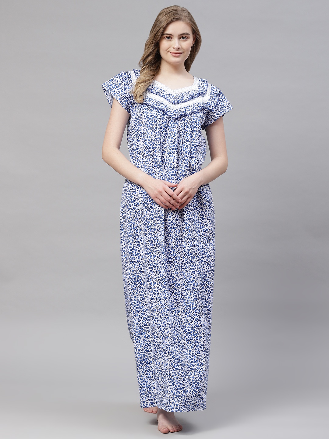 

Vemante Women Blue Pure Cotton Floral Printed Maxi Nightdress