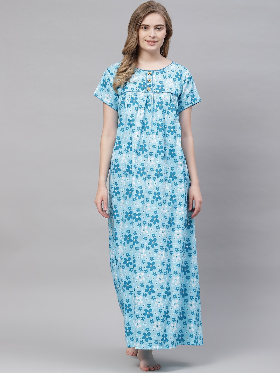 

Vemante Women Turquoise Blue Pure Cotton Floral Printed Maxi Nightdress