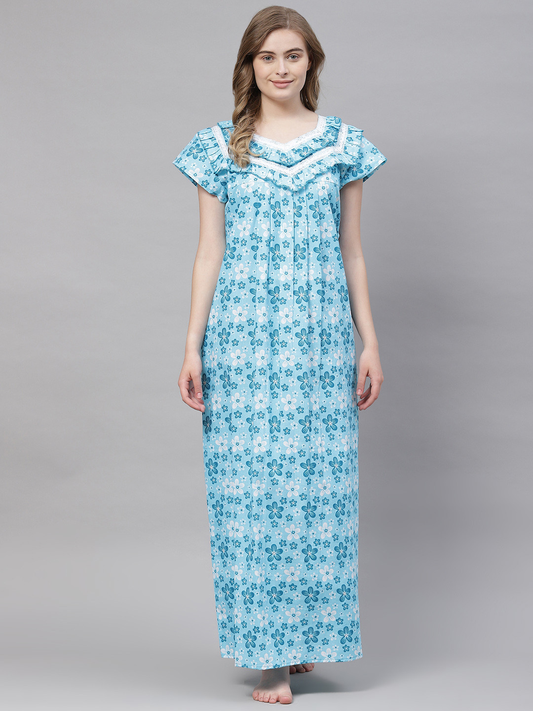 

Vemante Women Turquoise Blue Pure Cotton Floral Printed Maxi Nightdress