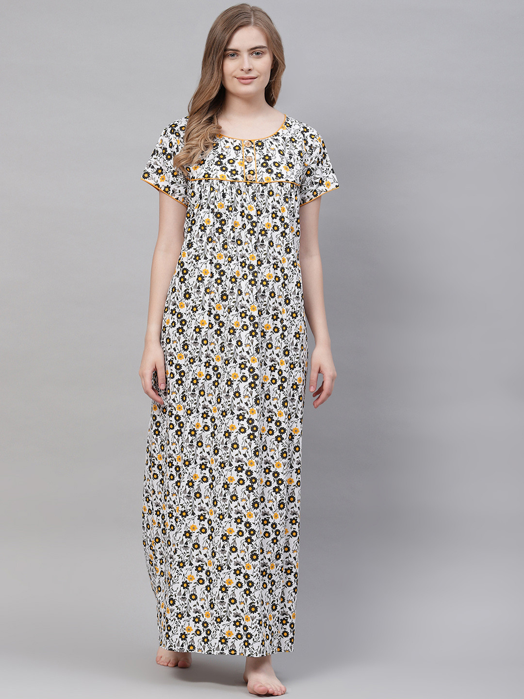 

Vemante Women White Pure Cotton Floral Printed Maxi Nightdress