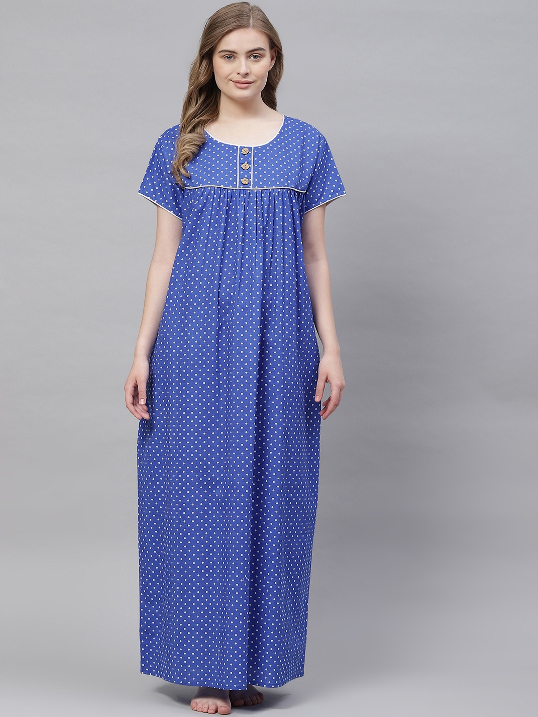 

Vemante Women Navy Blue Pure Cotton Geometric Printed Maxi Nightdress