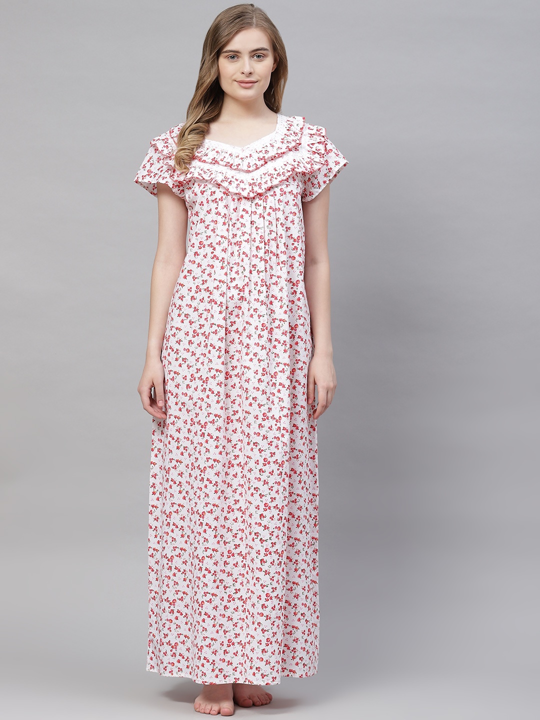 

Vemante Women White Pure Cotton Floral Printed Maxi Nightdress