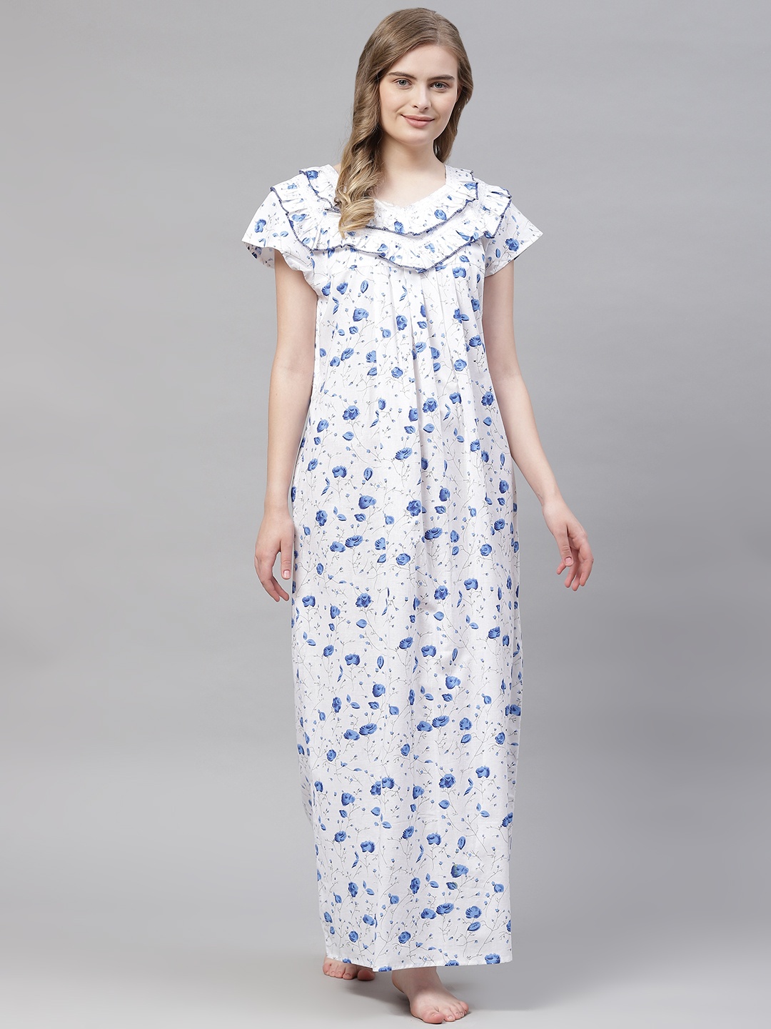 

Vemante Women White Pure Cotton Floral Printed Maxi Nightdress