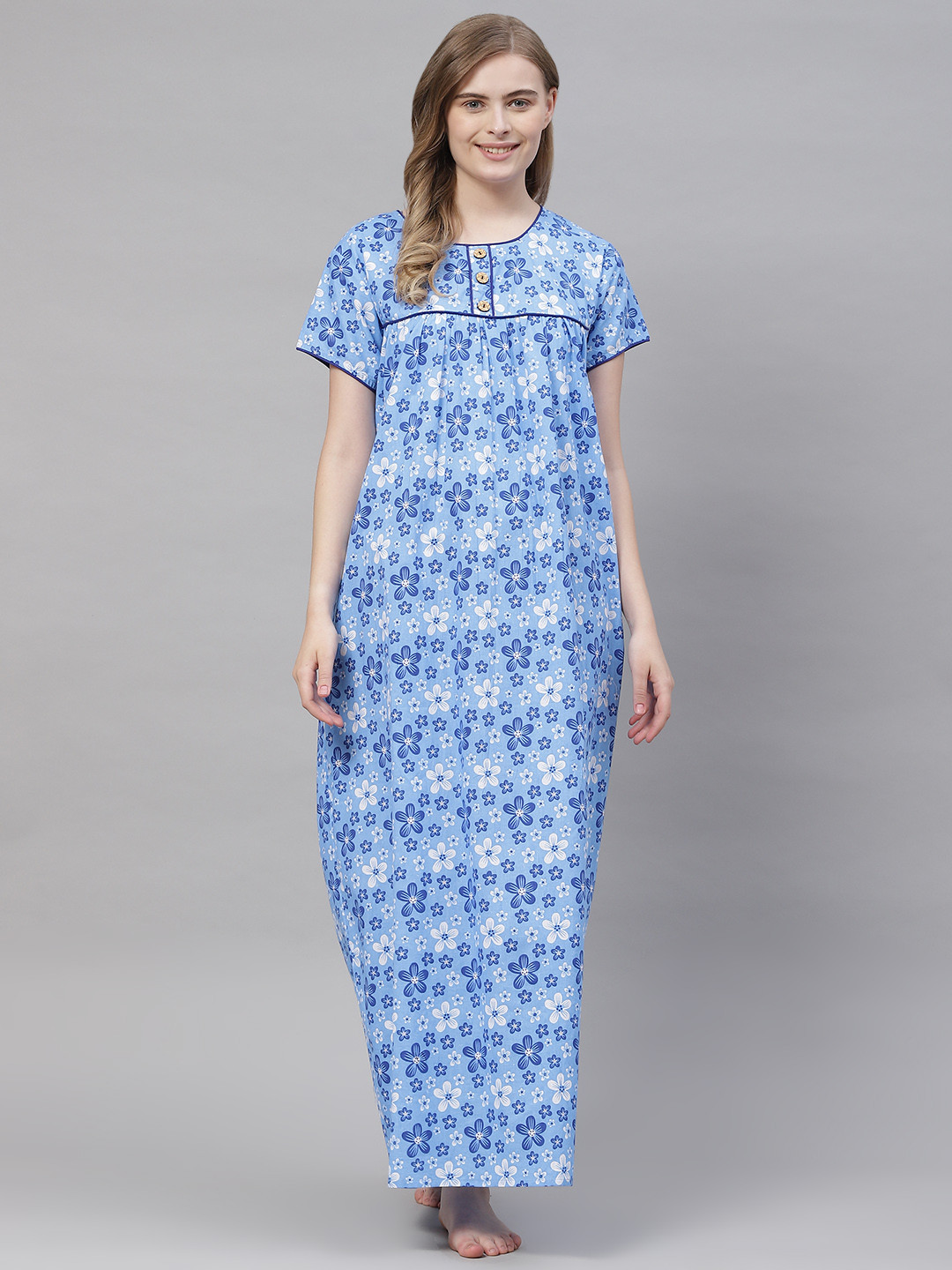 

Vemante Women Blue Pure Cotton Floral Printed Maxi Nightdress