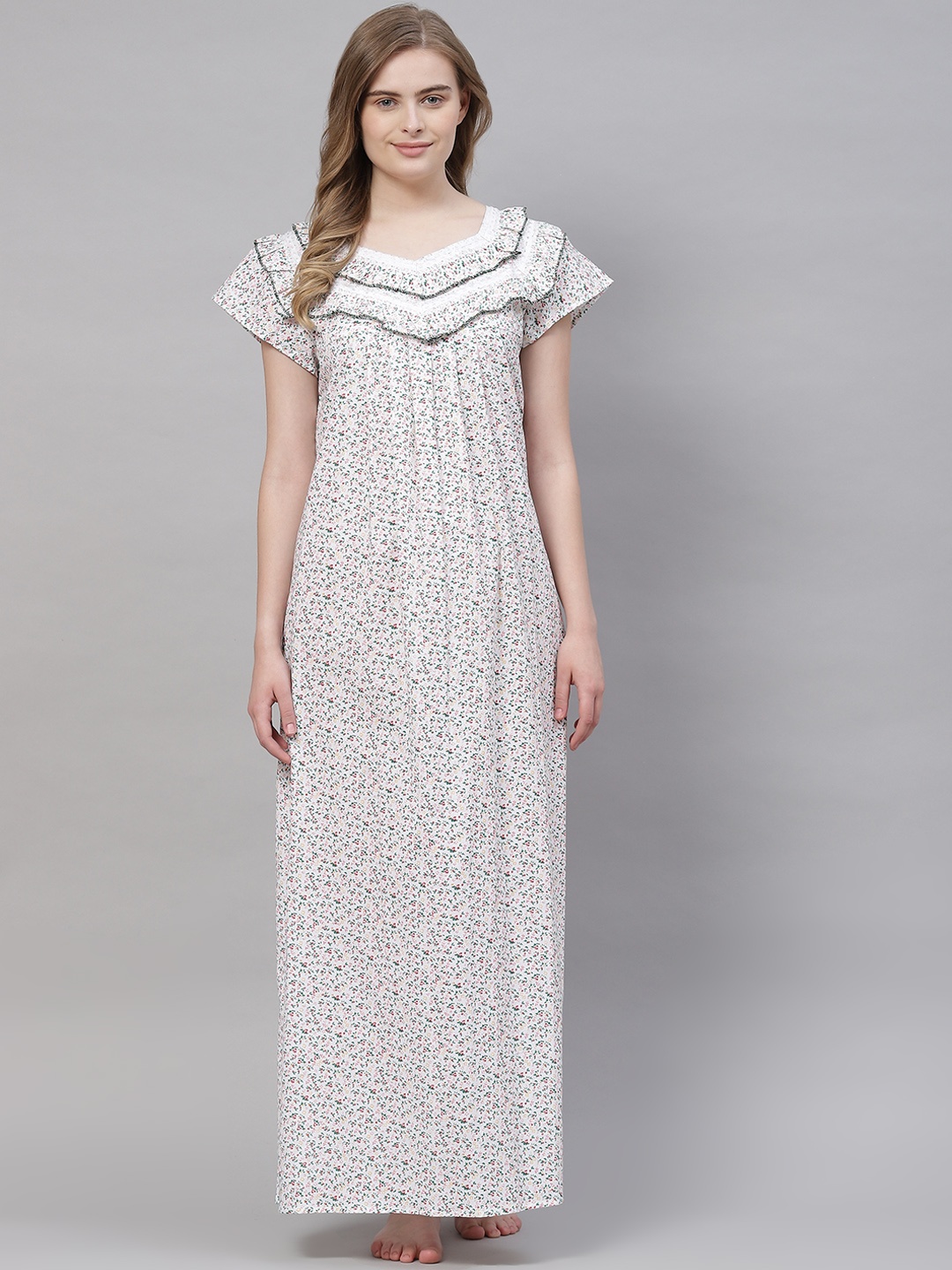 

Vemante Women White Pure Cotton Floral Printed Maxi Nightdress