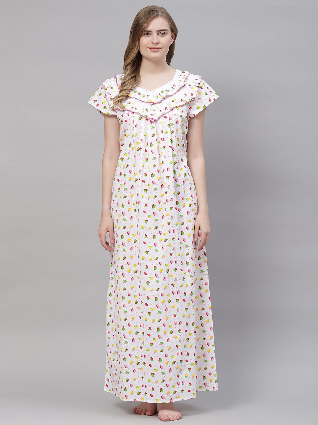 

Vemante Women White Pure Cotton Floral Printed Maxi Nightdress