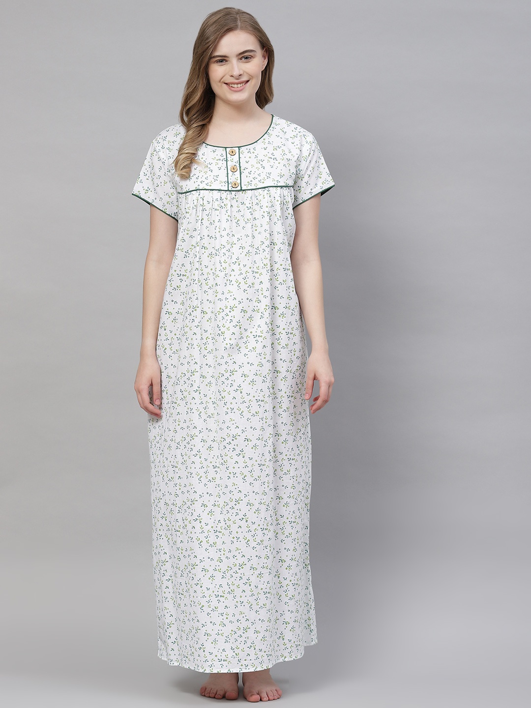 

Vemante Women Sea Green Pure Cotton Floral Printed Maxi Nightdress