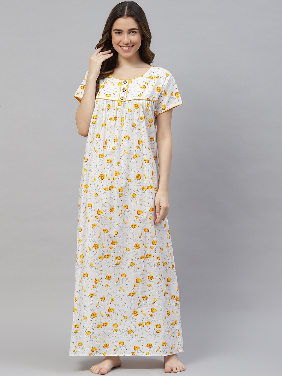 

Vemante White Pure Cotton Floral Printed Maxi Nightdress