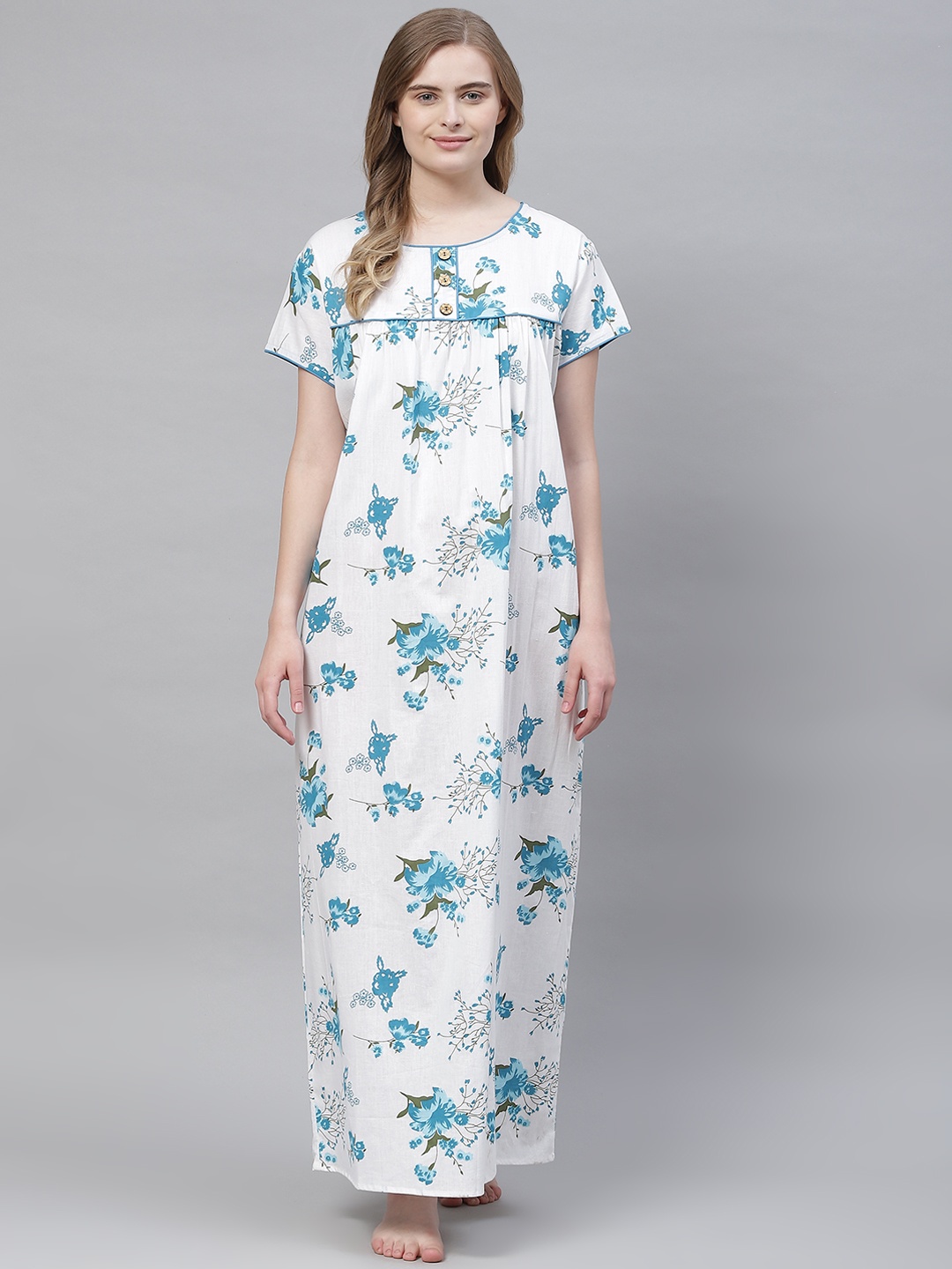 

Vemante Women White Pure Cotton Floral Printed Maxi Nightdress