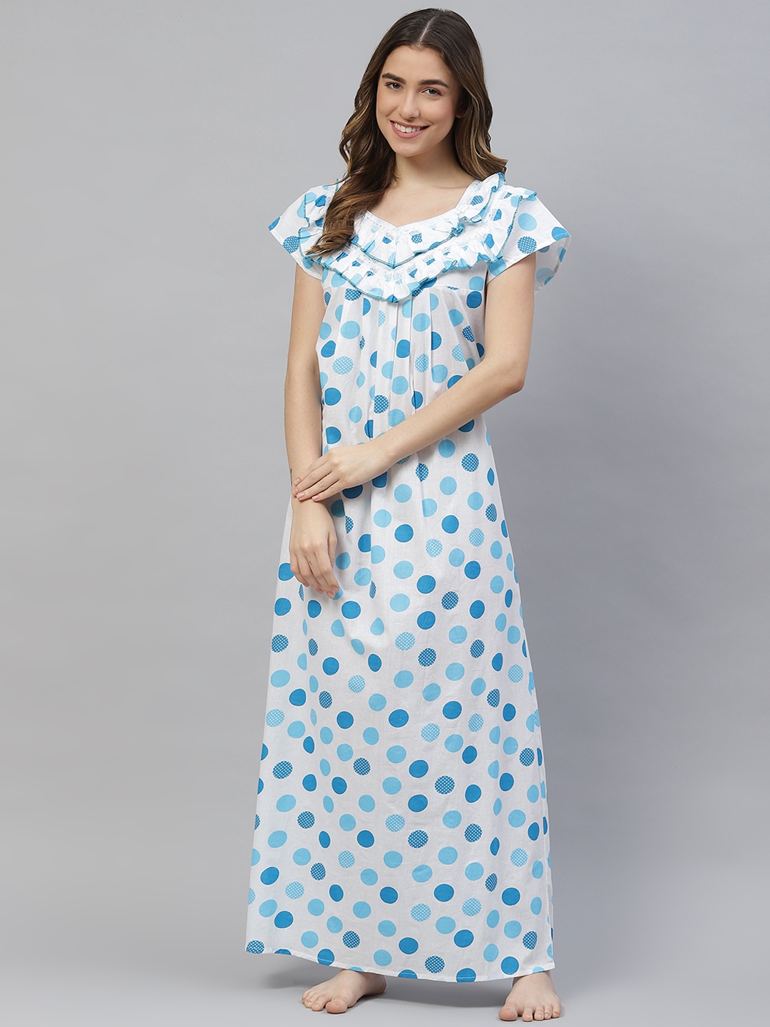 

Vemante Women White Pure Cotton Polka Dots Printed Maxi Nightdress