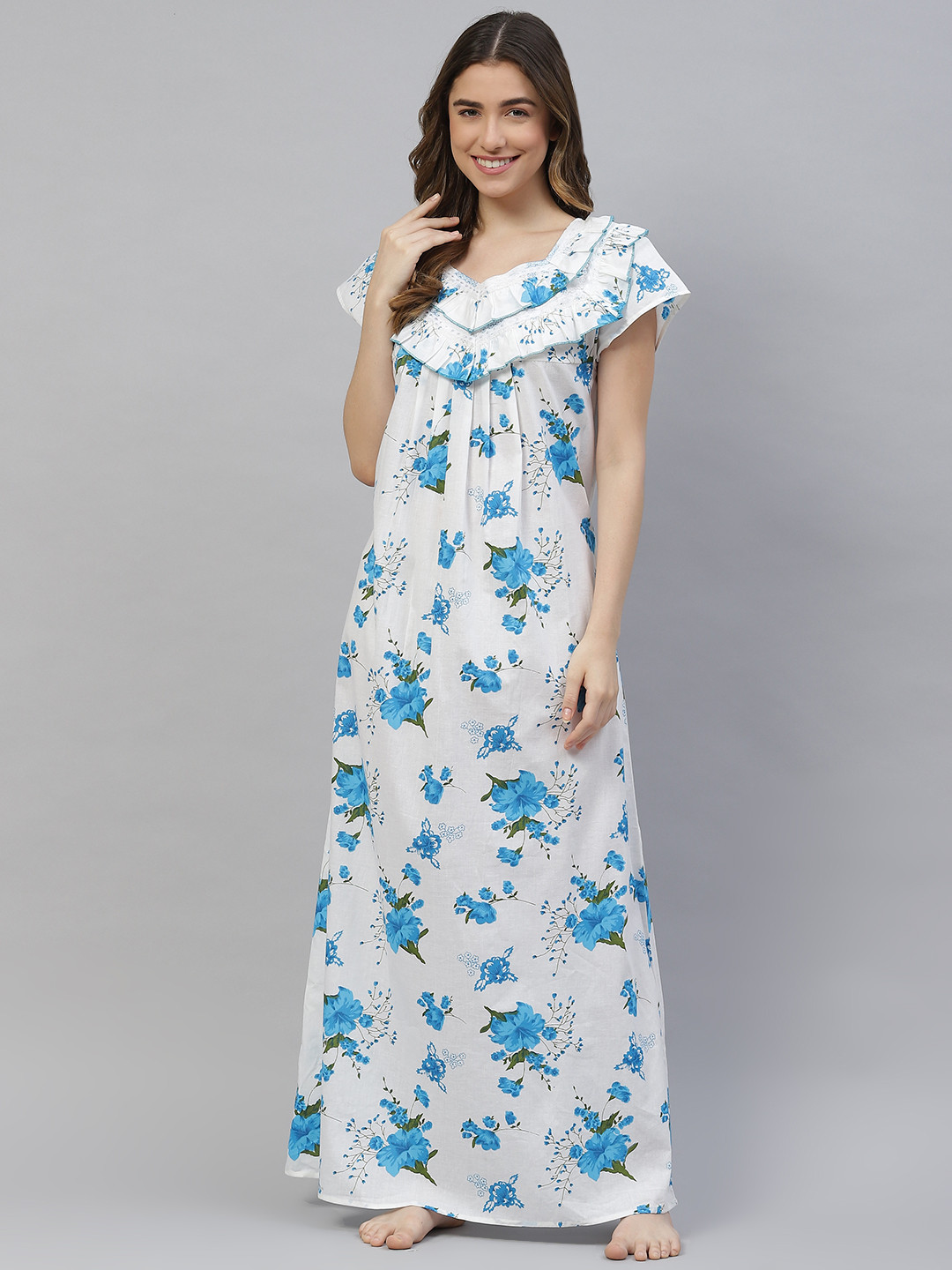 

Vemante White Pure Cotton Floral Printed Maxi Nightdress