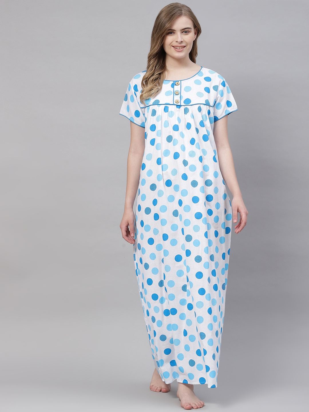 

Vemante Women White Pure Cotton Polka Dots Printed Maxi Nightdress