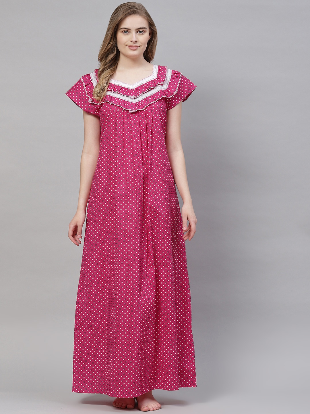 

Vemante Women Pink Pure Cotton Geometric Printed Maxi Nightdress