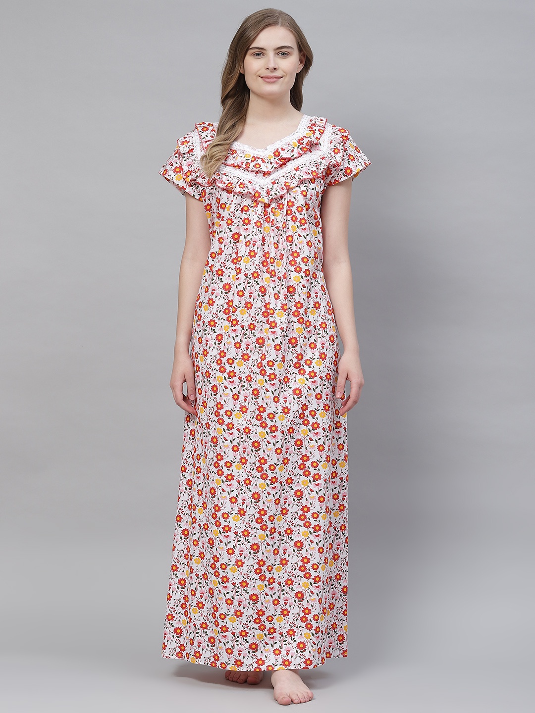 

Vemante Women White Pure Cotton Floral Printed Maxi Nightdress