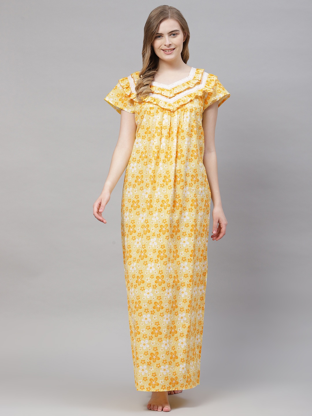

Vemante Women Yellow Pure Cotton Floral Printed Maxi Nightdress