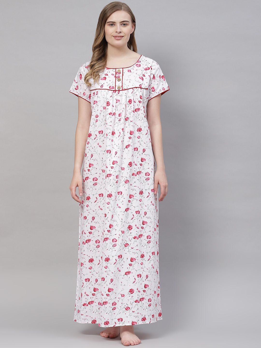 

Vemante Women White Pure Cotton Floral Printed Maxi Nightdress