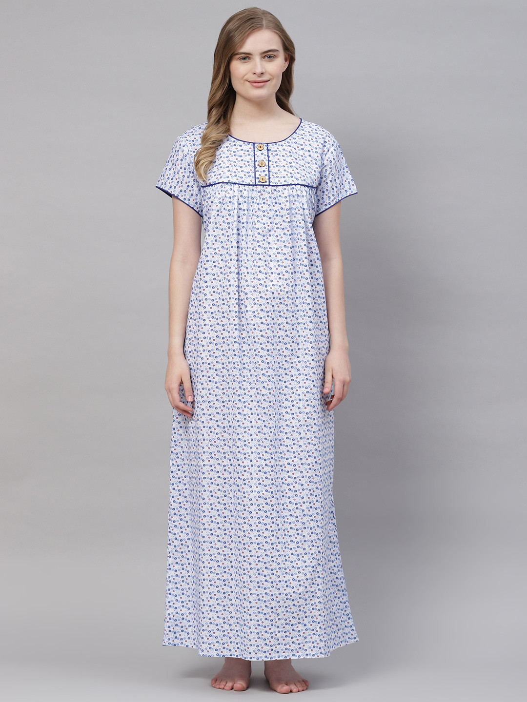

Vemante Women White Pure Cotton Floral Printed Maxi Nightdress