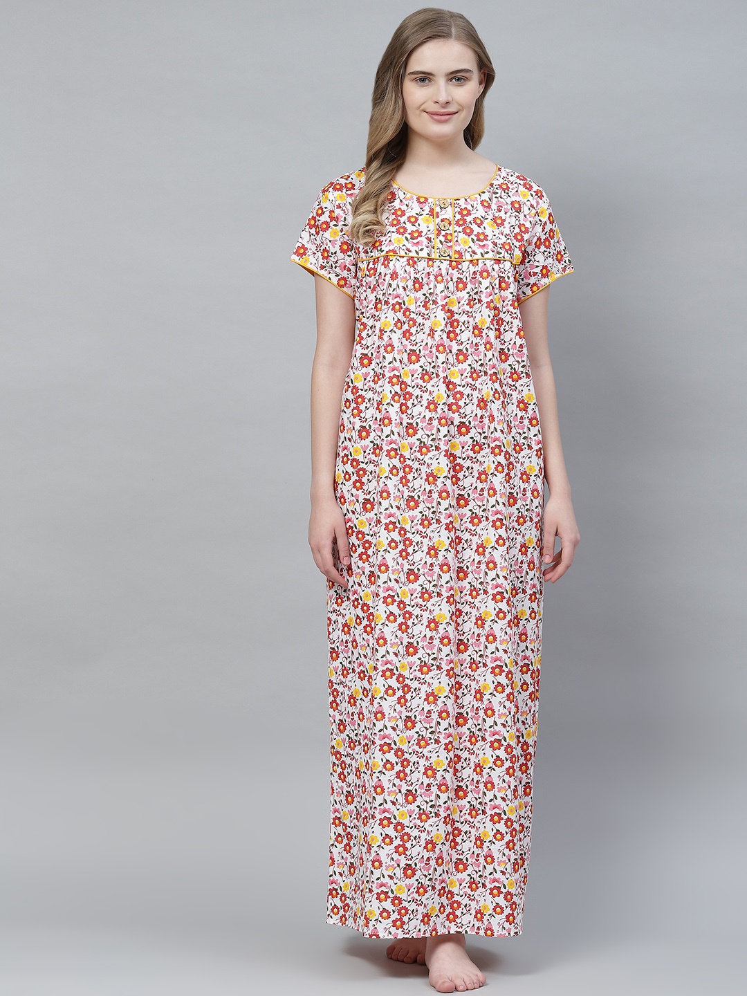 

Vemante Women White Pure Cotton Floral Printed Maxi Nightdress