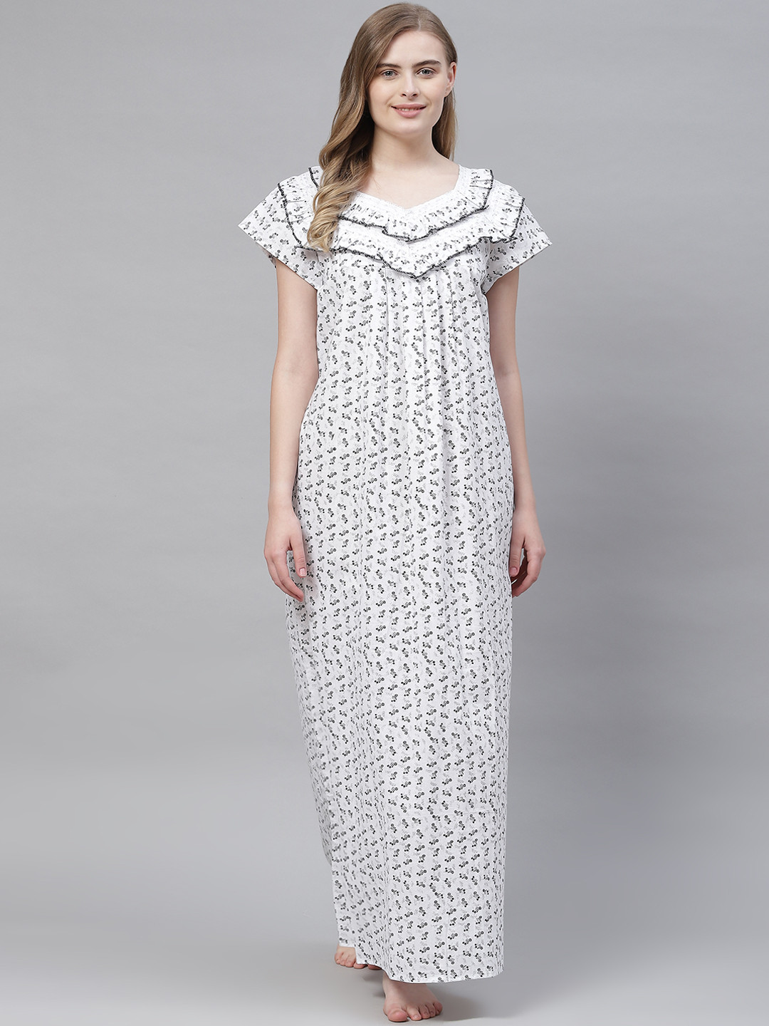 

Vemante Women White Pure Cotton Floral Printed Maxi Nightdress