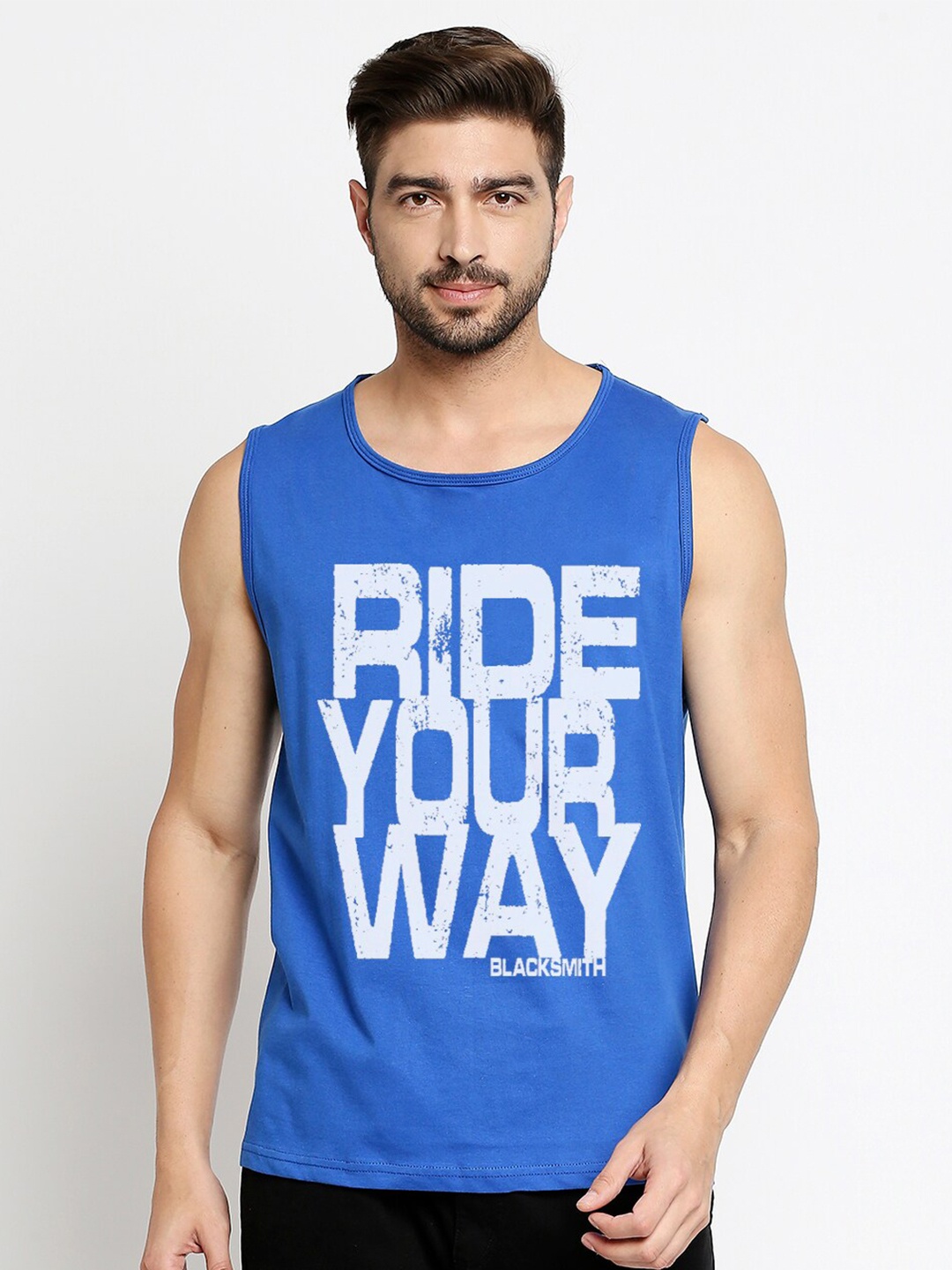 

Blacksmith Men Blue & White Typography Printed Sleeveless Training or Gym T-shirt