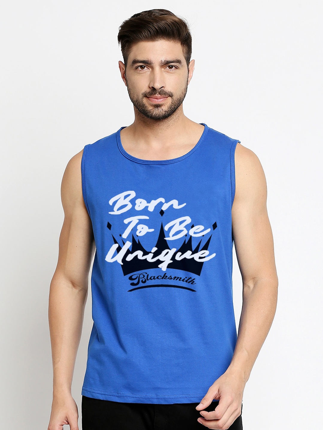 

Blacksmith Men Blue Typography Printed Training or Gym Pure Cotton T-shirt