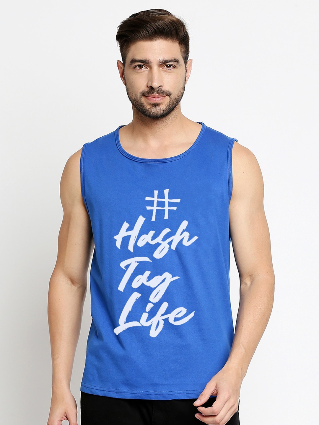

Blacksmith Men Blue & White Typography Printed Training or Gym Pure Cotton T-shirt
