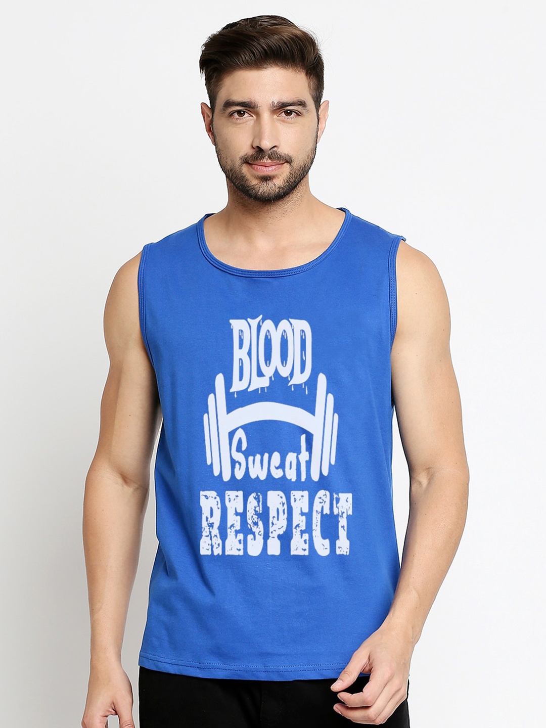 

Blacksmith Men Blue Typography Printed Raw Edge Training or Gym T-shirt