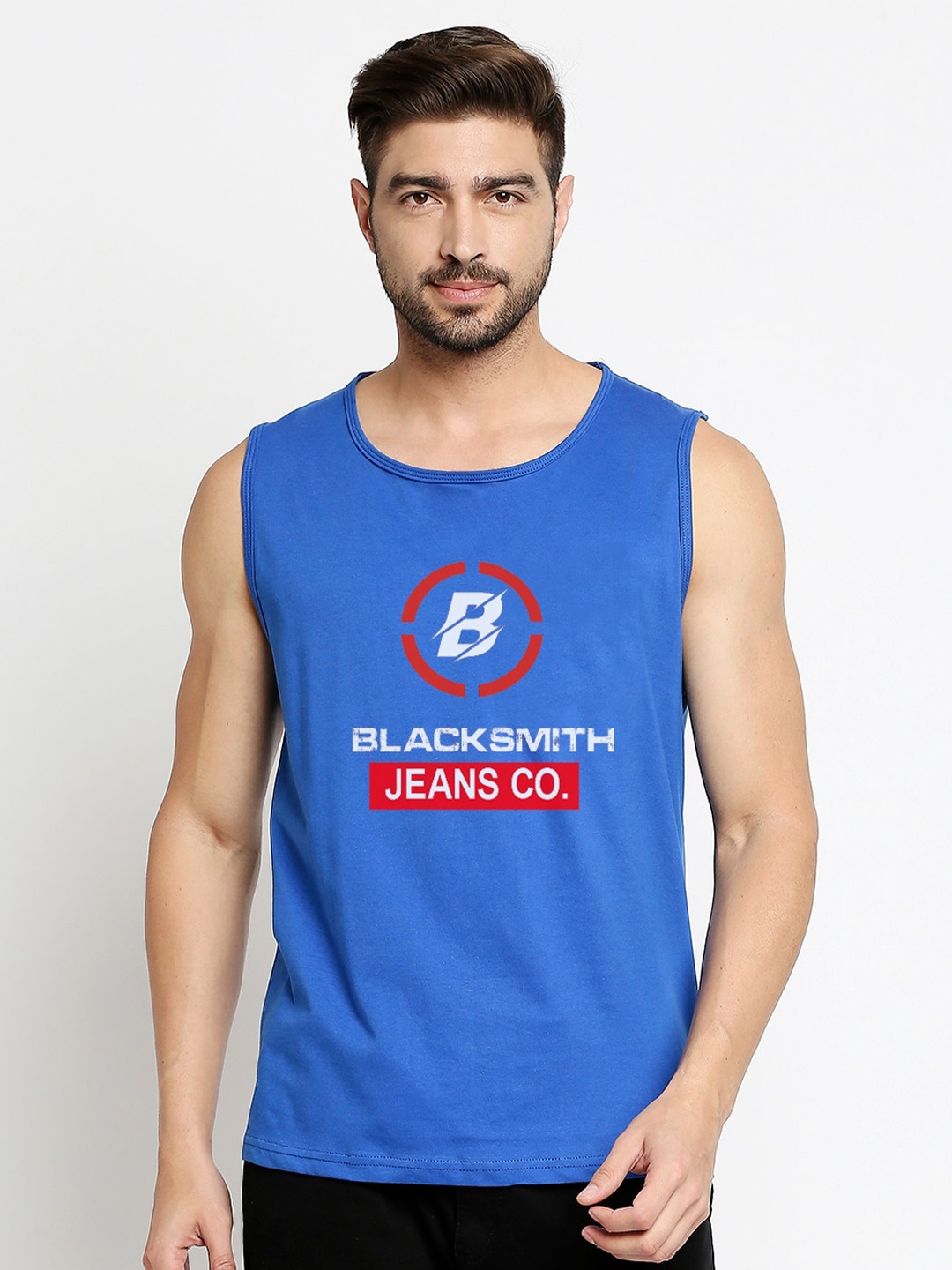 

Blacksmith Men Blue & Red Brand Logo Printed Pure Cotton Training or Gym T-shirt