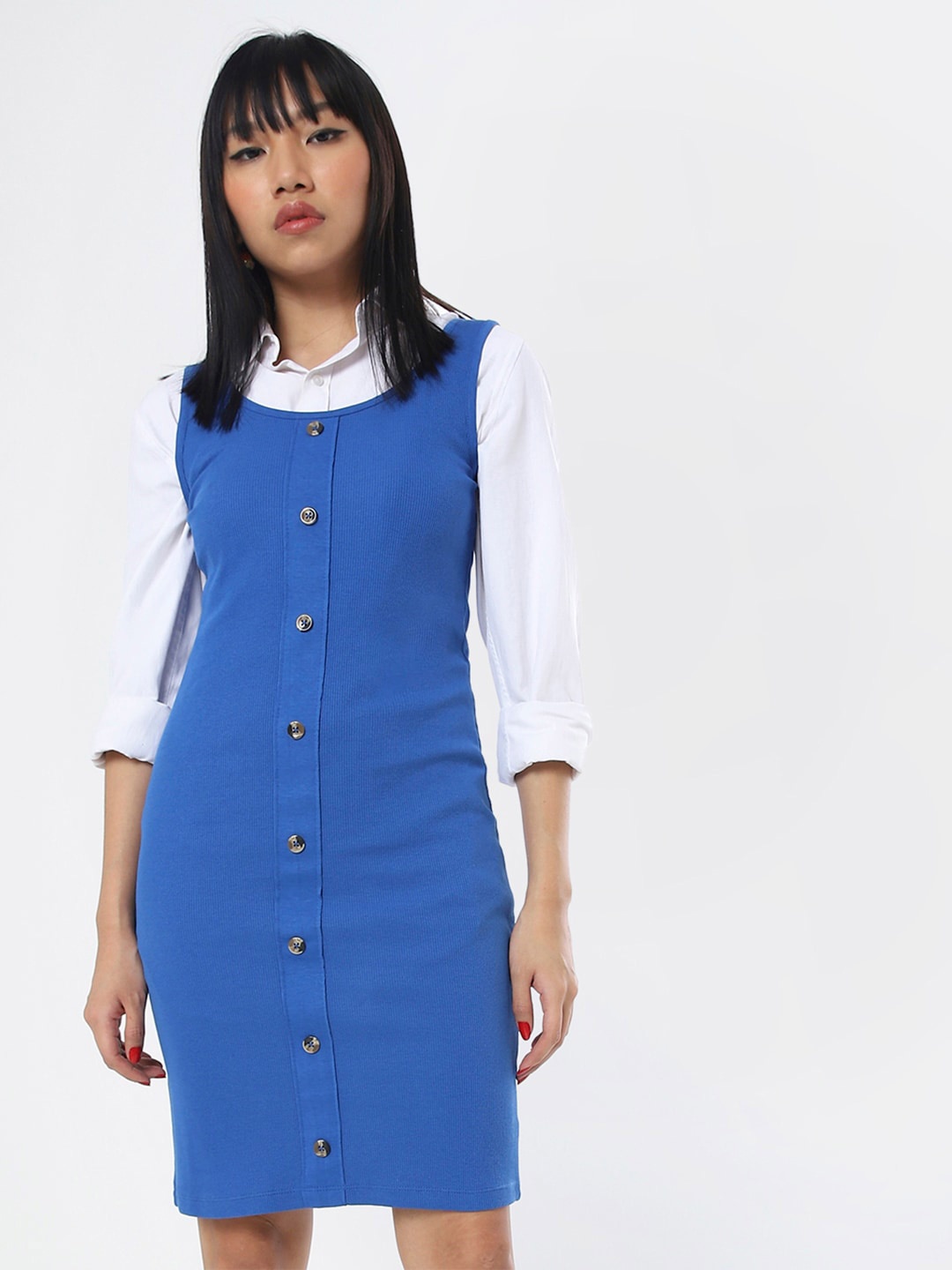 

Bewakoof Blue Ribbed Cotton Sheath Dress