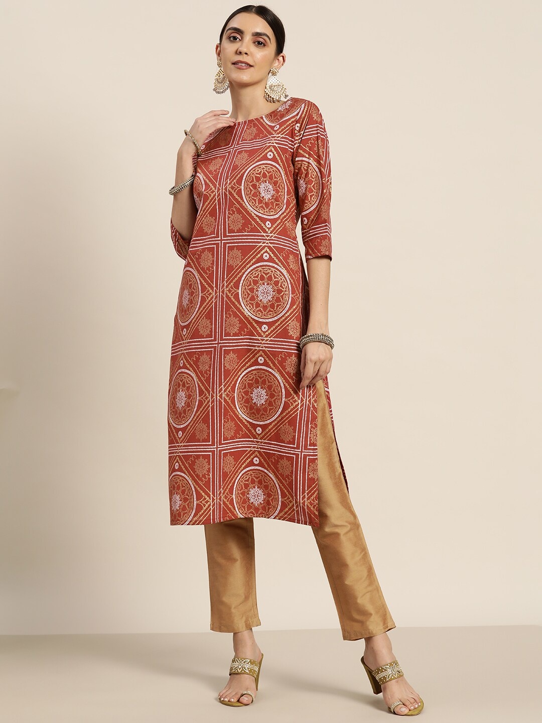 

Moda Rapido Women Rust Red & Golden Ethnic Motifs Printed Pure Cotton Kurta