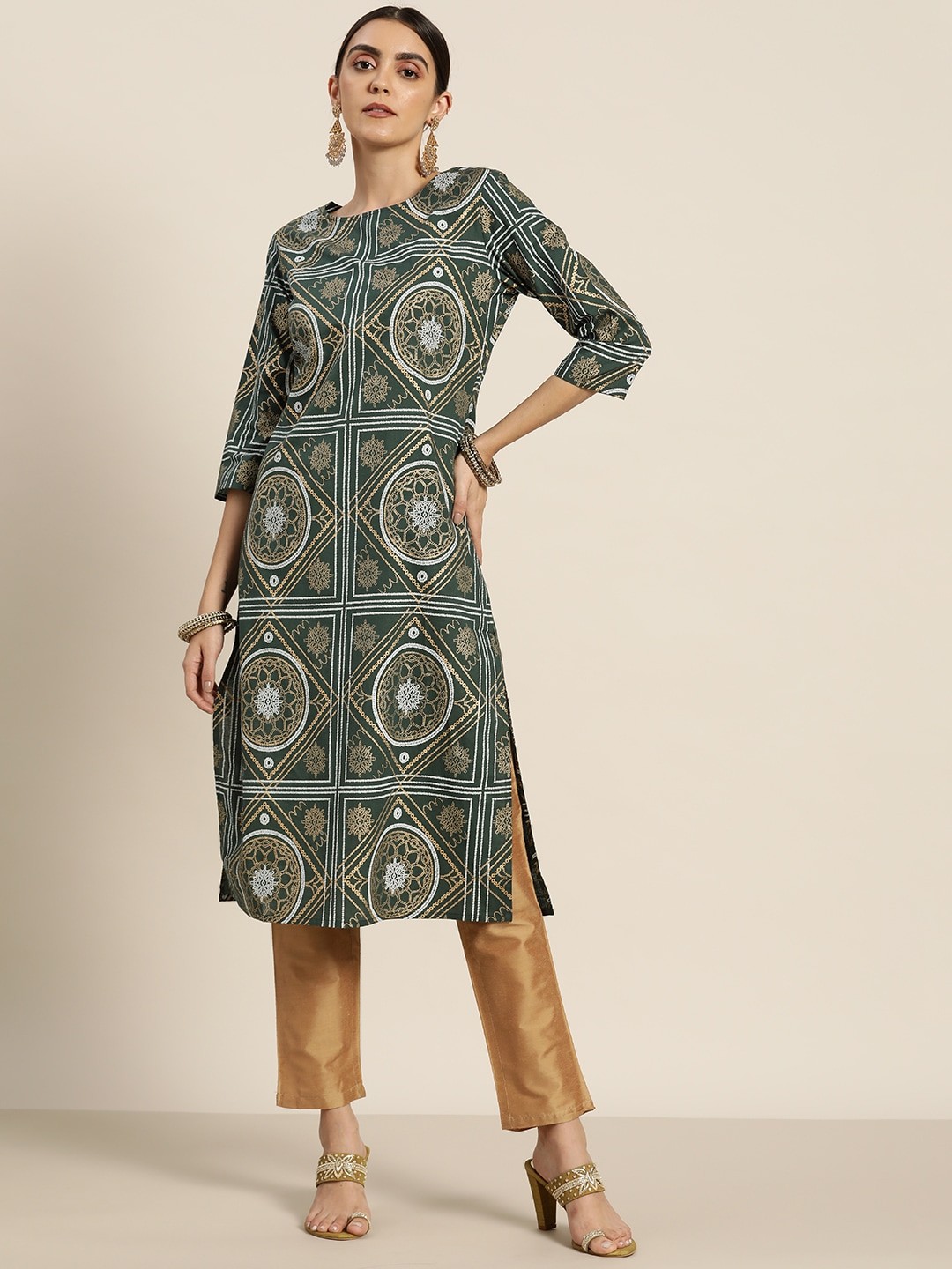

Moda Rapido Women Green & Golden Ethnic Motifs Printed Pure Cotton Kurta