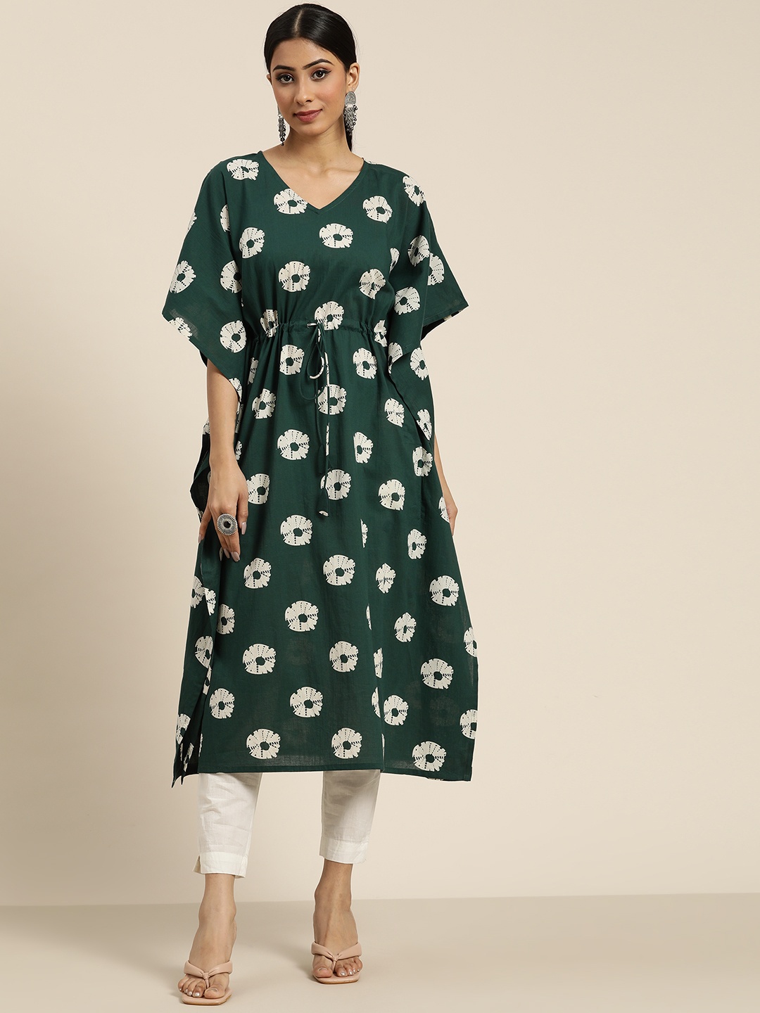 

Moda Rapido Women Green & Off White Bandhani Printed Kaftan Kurta