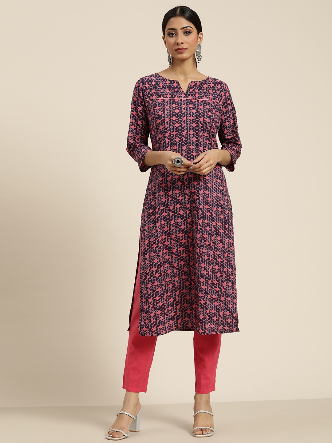 

Moda Rapido Women Navy Blue & Pink Printed Pure Cotton Kurta