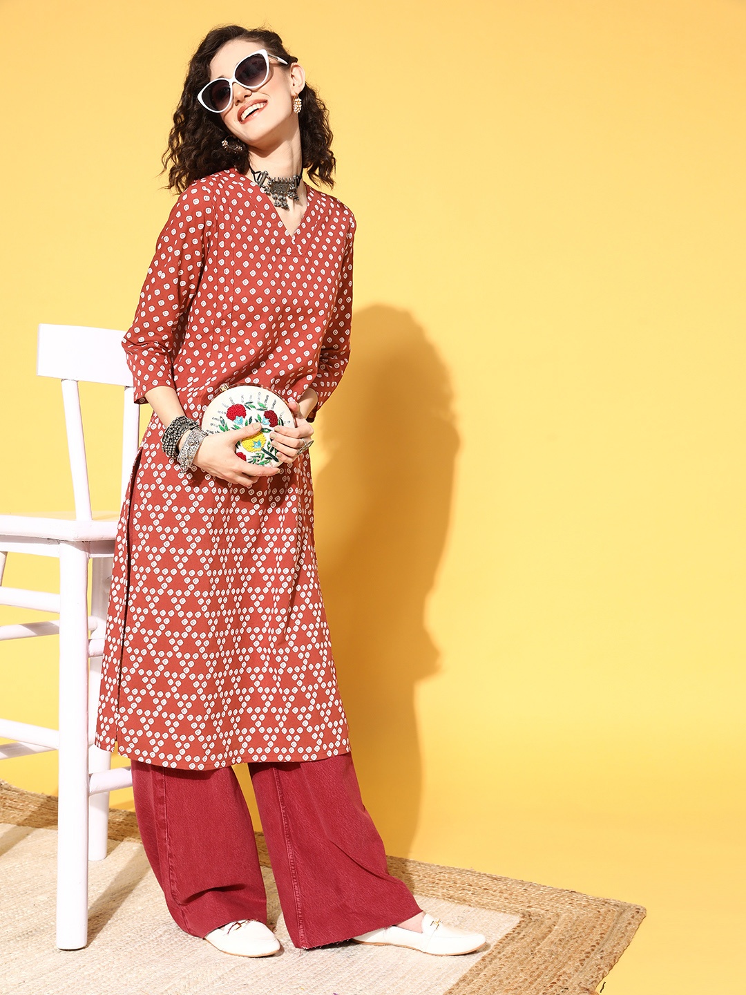 

Moda Rapido Women Rust Red & White Pure Cotton Geometric Printed Kurta