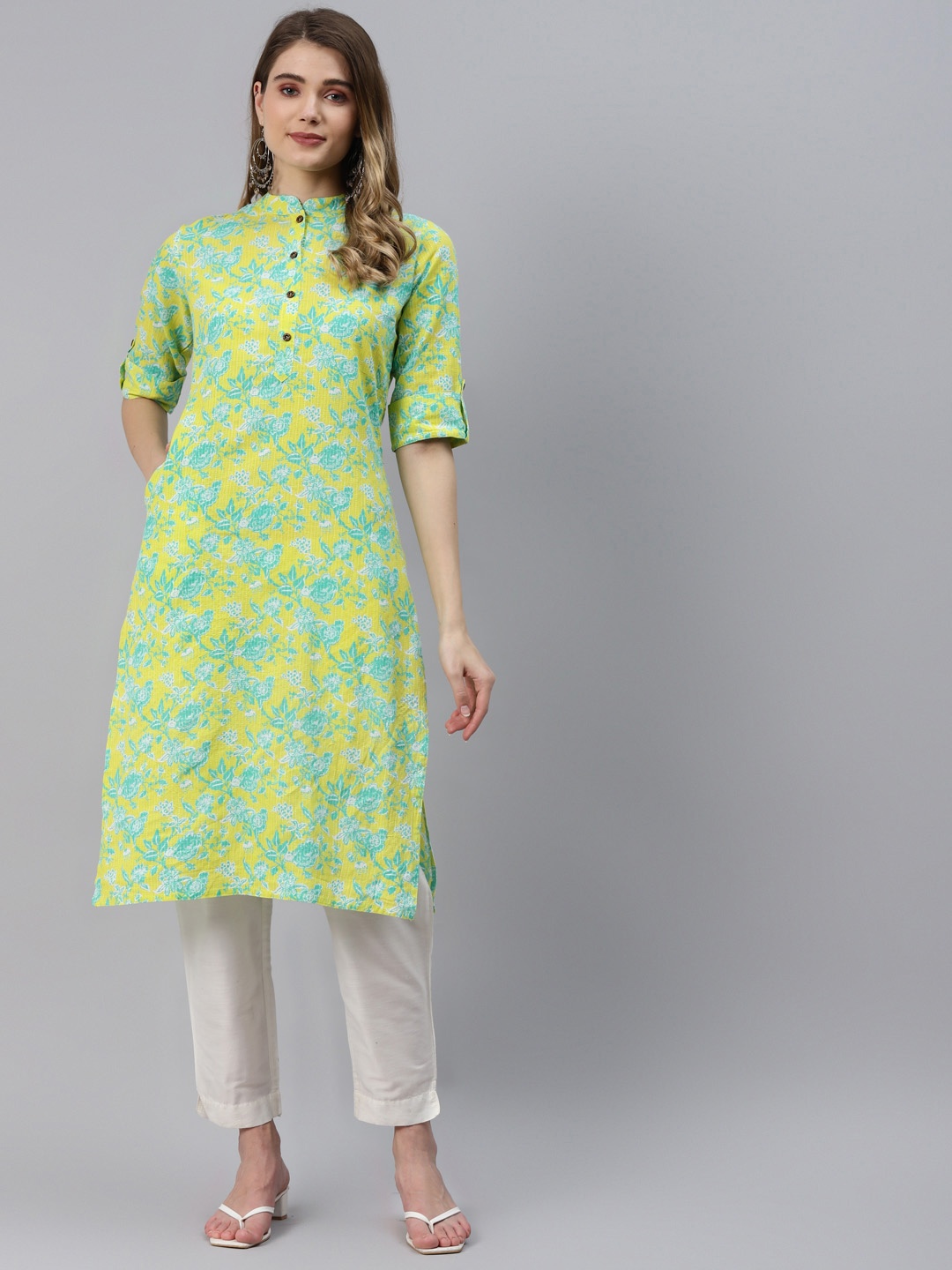 

Divena Women Yellow & Green Floral Printed Pure Cotton Kurta