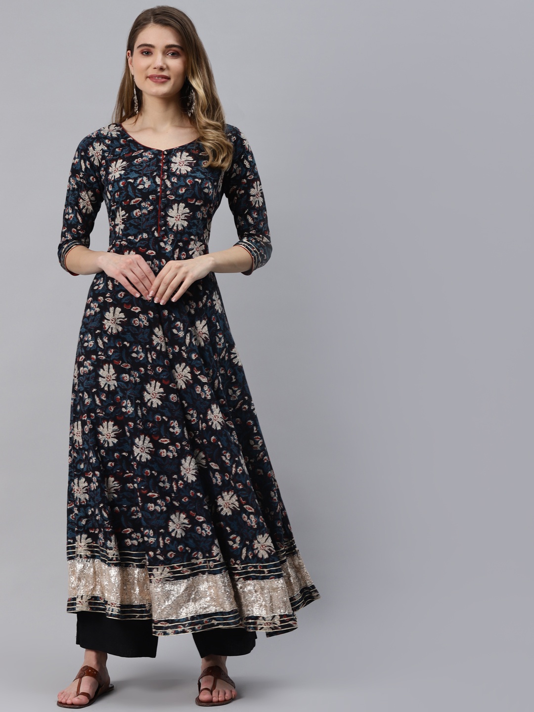 

Divena Women Blue Floral Printed Gotta Patti Pure Cotton Anarkali Kurta