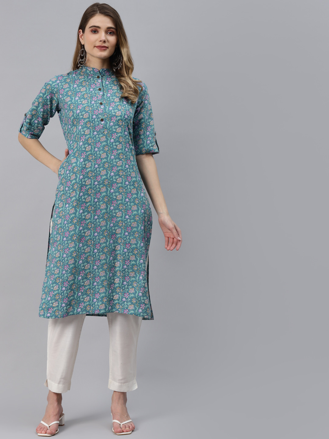 

Divena Women Sea Green Floral Printed Pure Cotton Kurta