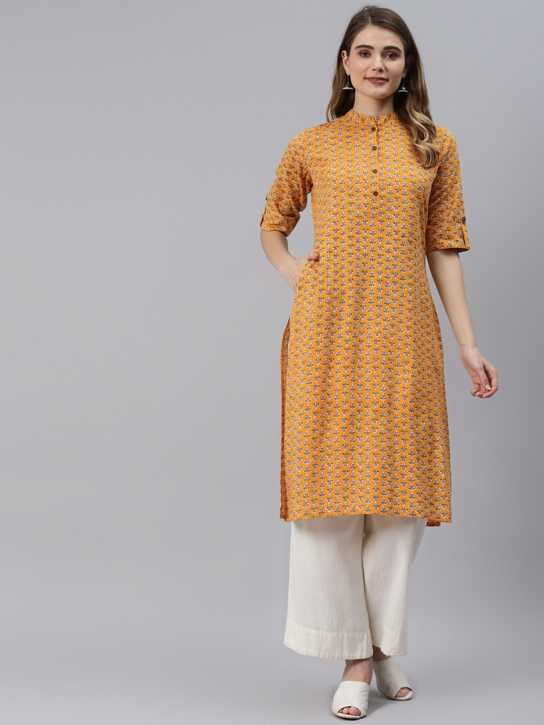 

Divena Women Mustard Yellow Floral Printed Pure Cotton Kurta