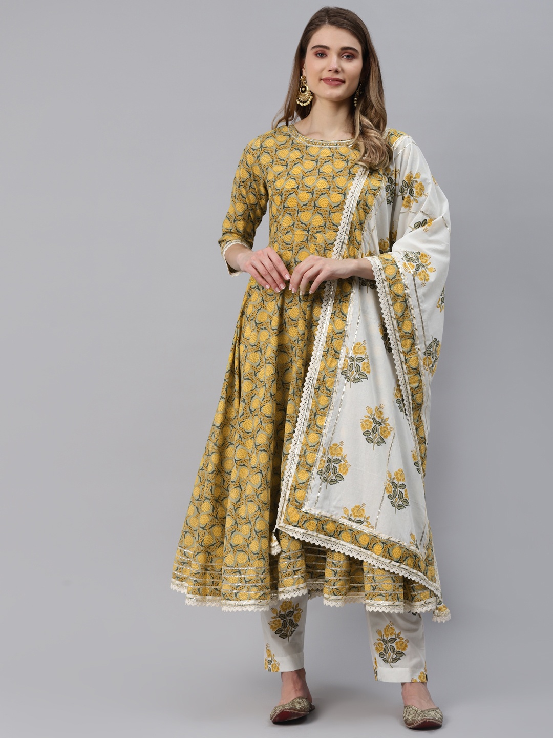 

Divena Women Mustard Yellow Floral Printed Gotta Patti Pure Cotton Anarkali Kurta Set