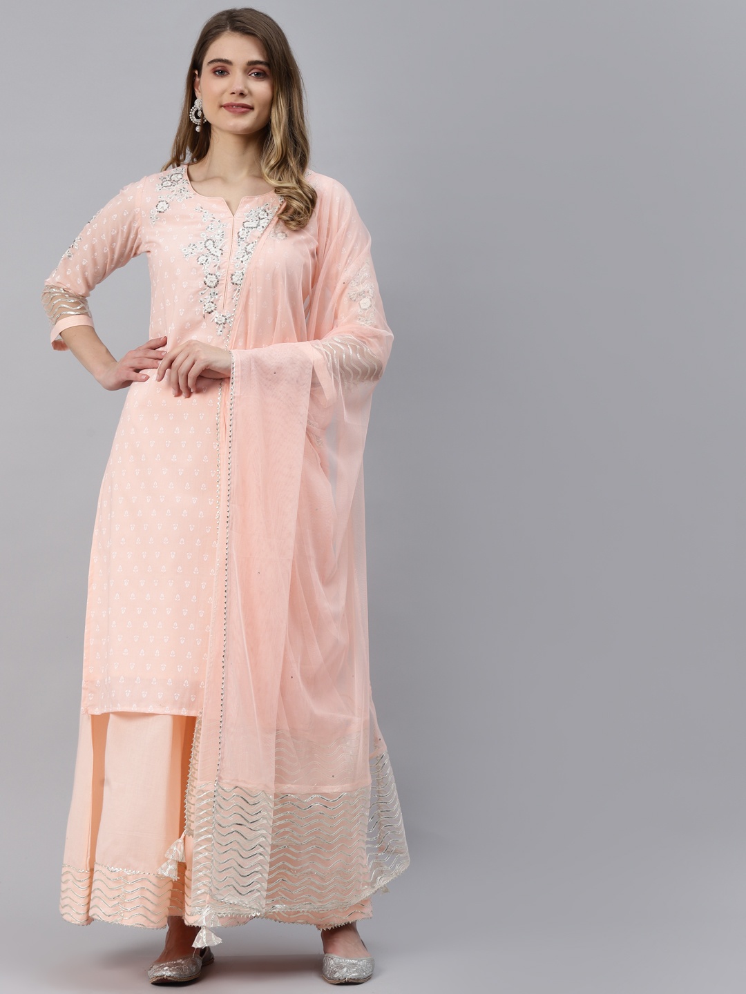 

Divena Women Pink Floral Printed Gotta Patti Pure Cotton Kurta Set With Palazzos & Dupatta