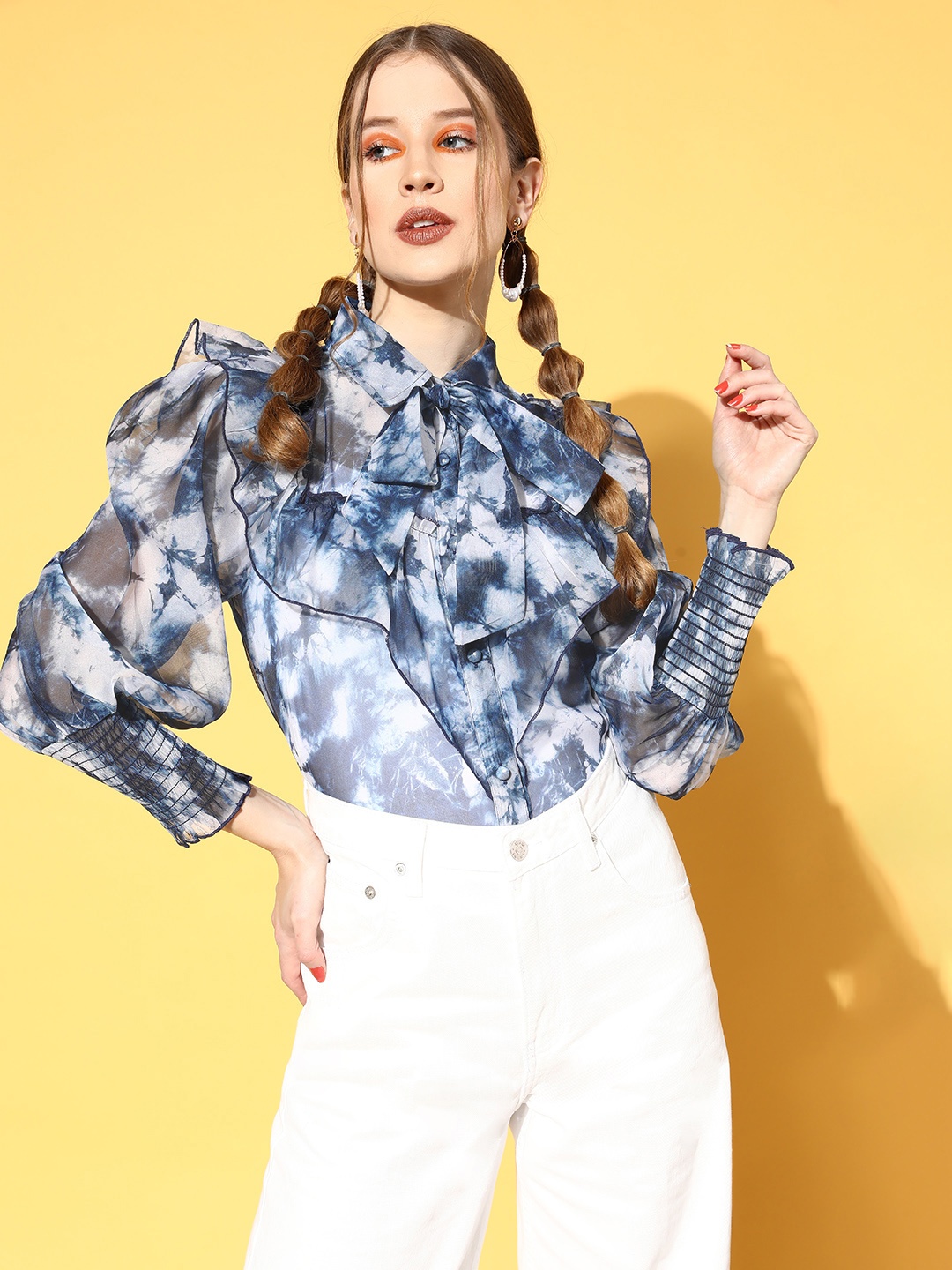 

Antheaa Women Stunning Blue Tie and Dye Sheer Top