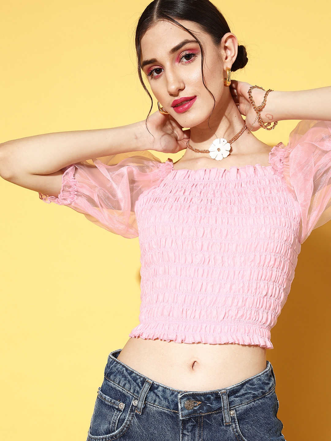 

Antheaa Women Pretty Pink Solid Sheer Top