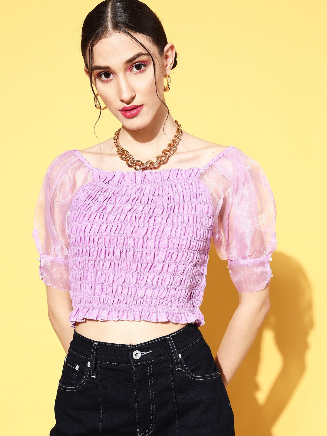 

Antheaa Women Elegant Lavender Solid Sheer Top