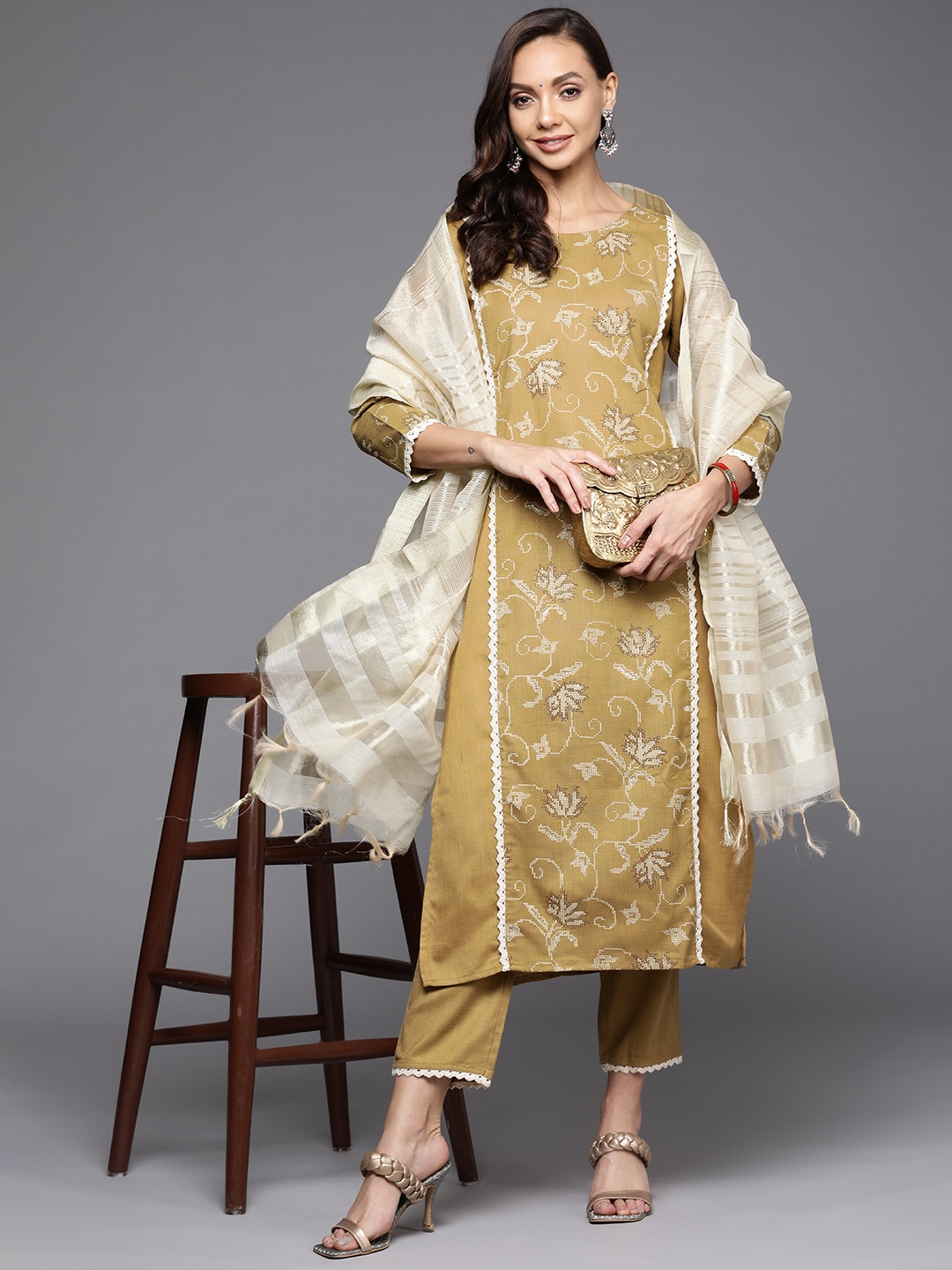 

Indo Era Women Mustard Yellow Ethnic Motifs Printed Kurta with Trousers & With Dupatta