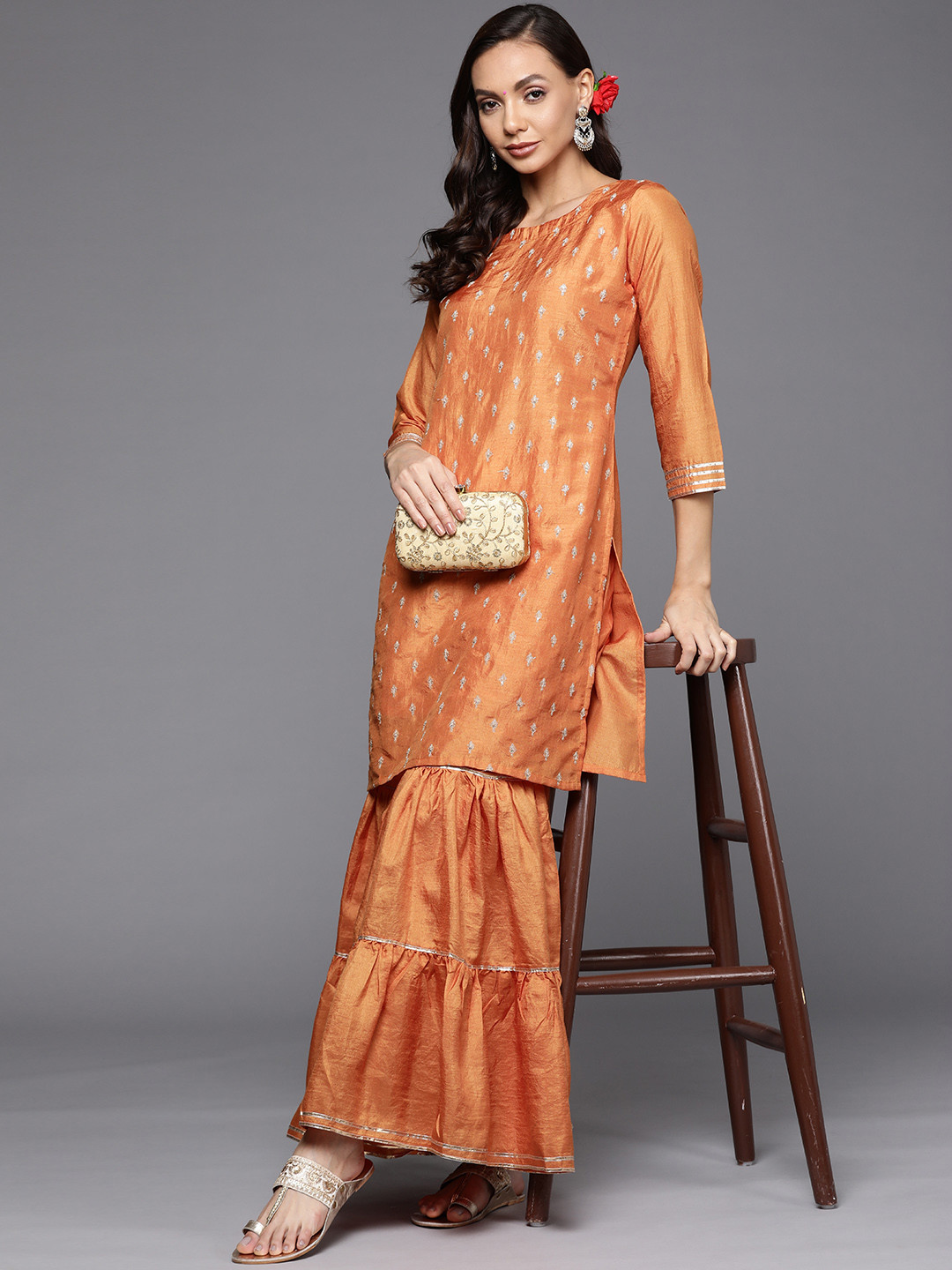 

Indo Era Women Orange Ethnic Motifs Embroidered Gotta Patti Kurta with Sharara