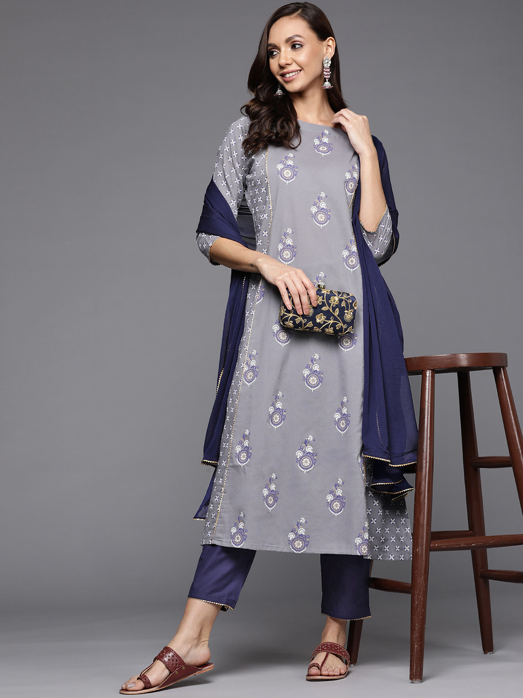 

Indo Era Women Grey Ethnic Motifs Printed Gotta Patti Kurta with Trousers & With Dupatta