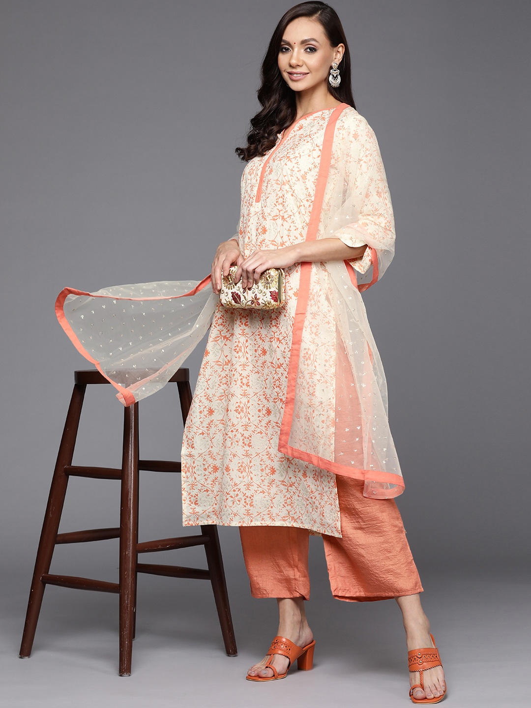 

Indo Era Women Off White Ethnic Motifs Yoke Design Pure Cotton Kurta with Palazzos & With Dupatta