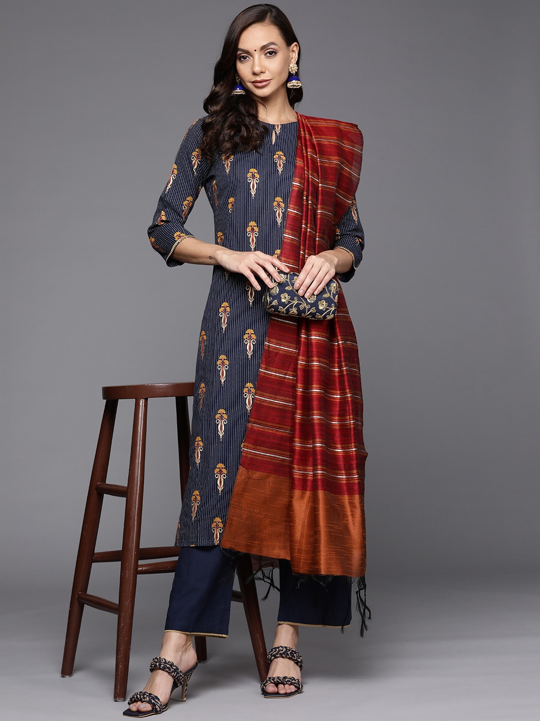 

Indo Era Women Navy Blue Ethnic Motifs Printed Kurta with Trousers & With Dupatta