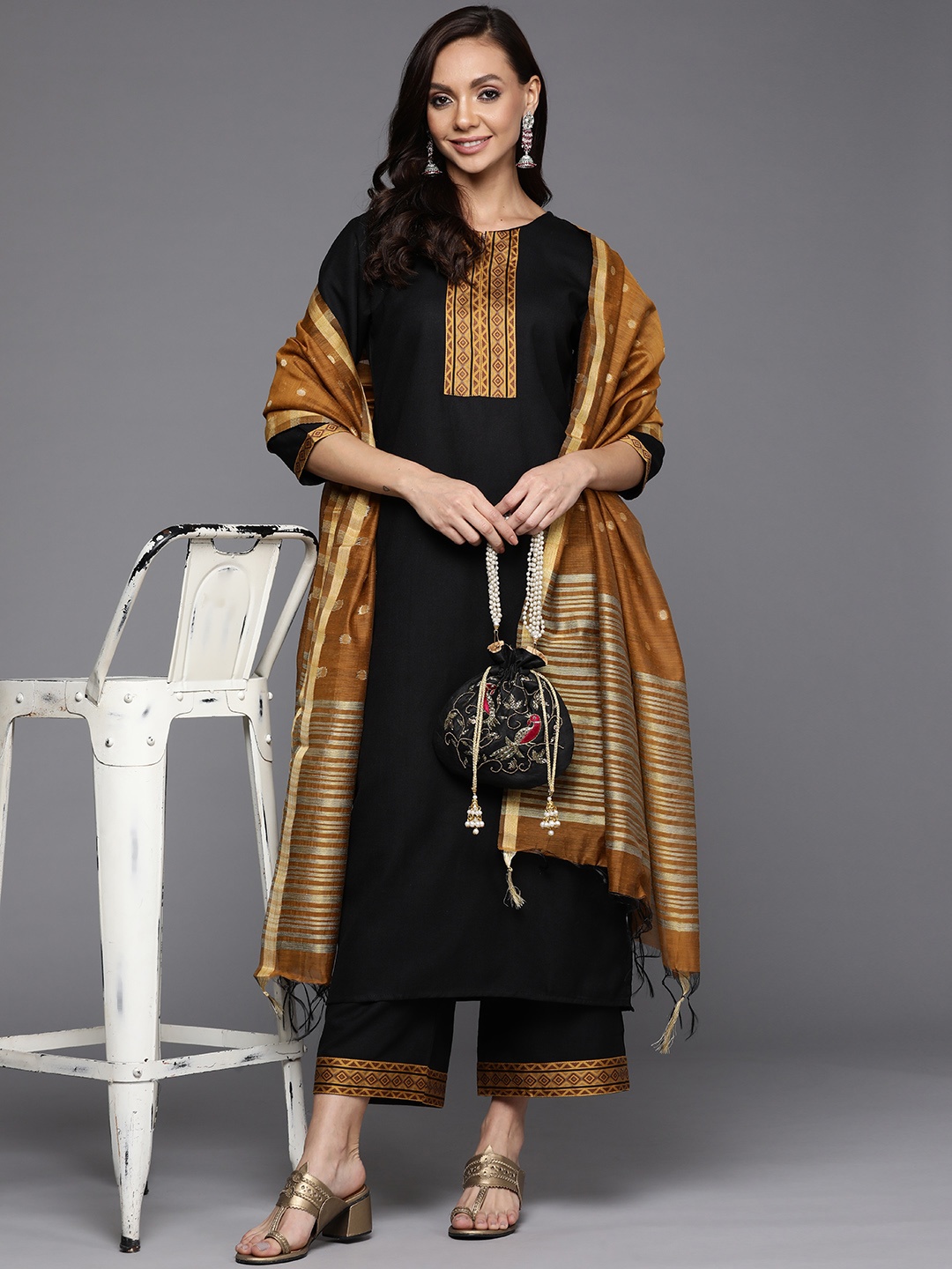 

Indo Era Women Black Pleated Kurta with Palazzos & With Dupatta